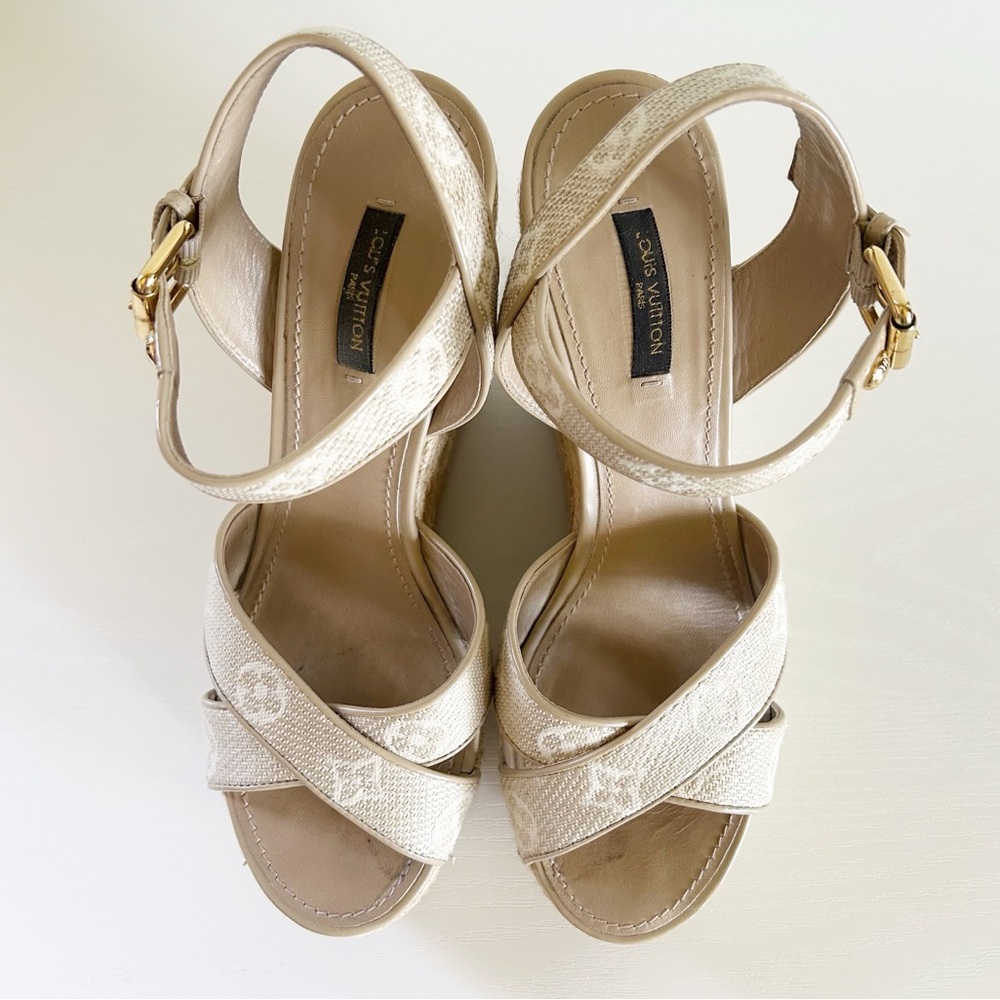 Louis Vuitton Beige Monogram Canvas Espadrille Ankle Strap Wedges Size EU 40 - Picture 5 of 16